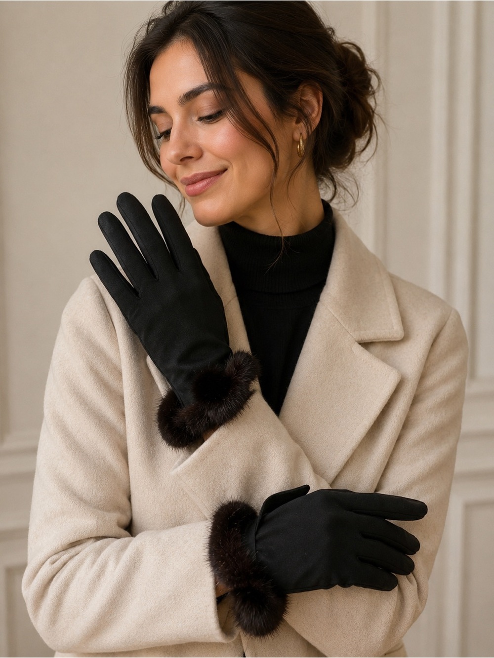 Black Women's Fur-Trim Gloves - Classic Winter Accessory